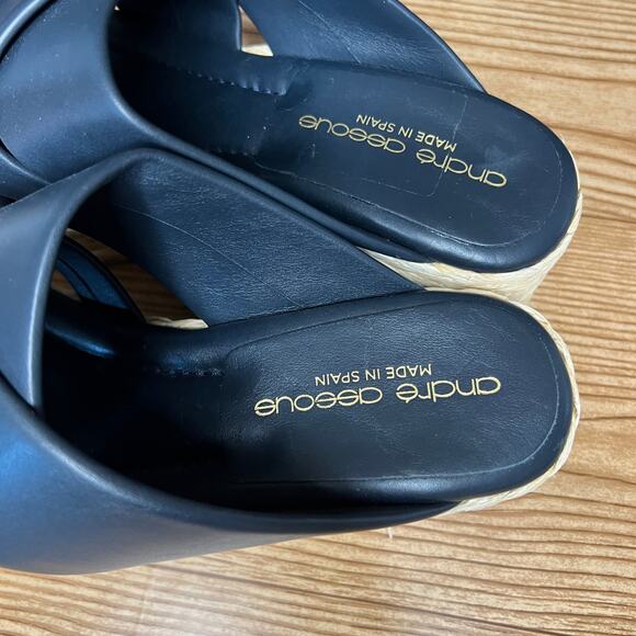 Andre Assous Dark Blue Leather Espadrille Platform Slip On Wedge Sandals 39 EU - Picture 8 of 12